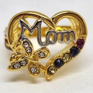 Gold Heart 'Mom' Ring w/Multicolor Accents, Mothers Day Gift, Gold Crystal